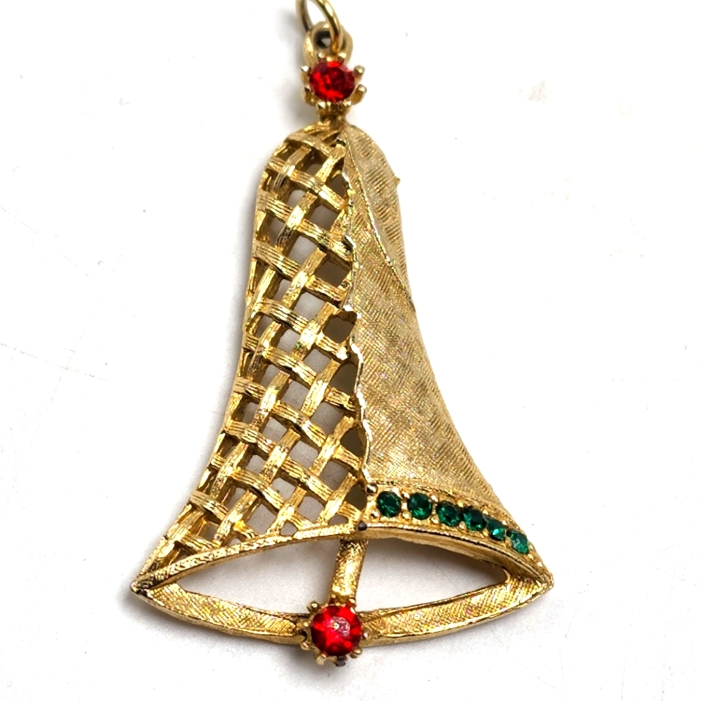 80's B.J. Beatrix Christmas Bell Pendant Gold Tone Rhinestone Necklace Vintage